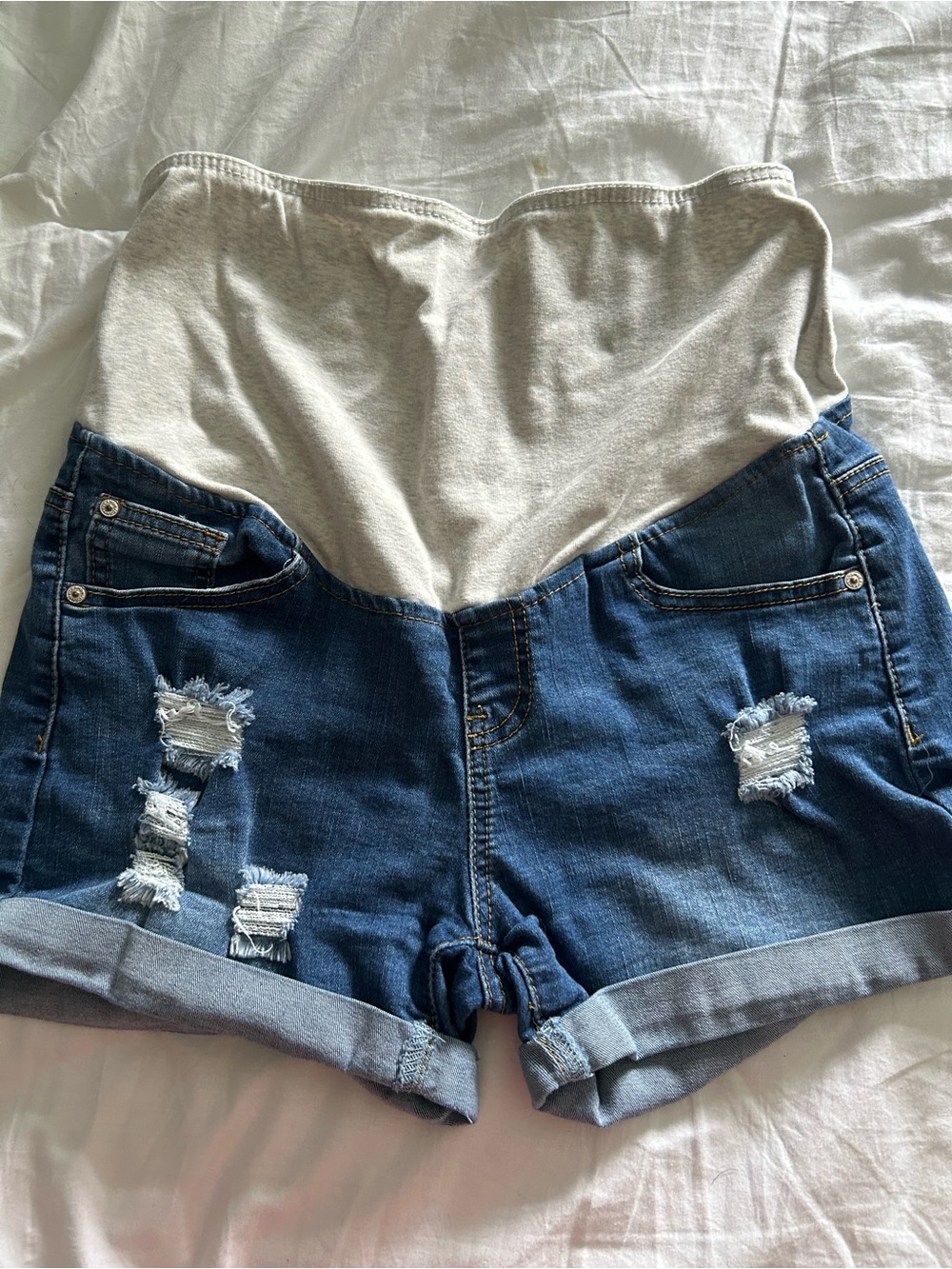 Maternity Denim Shorts with Cream Stretch Waistband - Blue